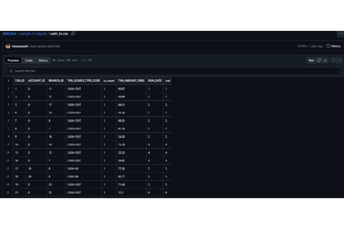 Preview of simulated transactions in AMLSim