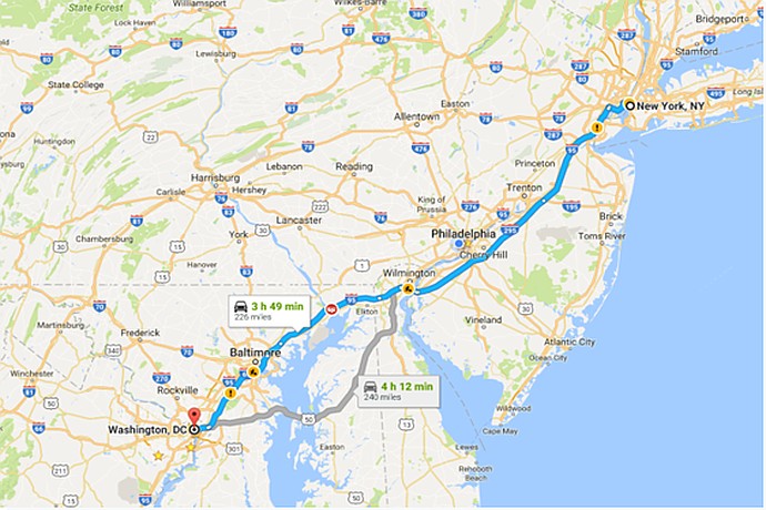 Distance from DC to NY on Gmapsdistance