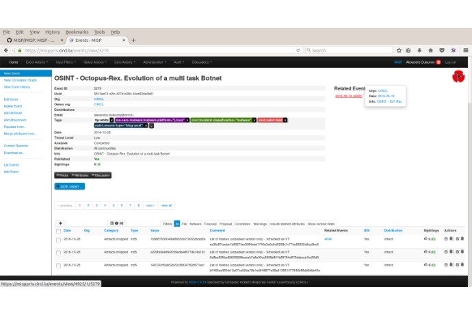 Detailed OSINT Event View in MISP: Octopus-Rex Botnet
