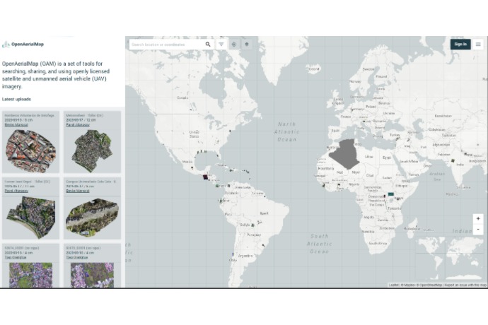 OpenAerialMap main interface with latest uploads and global map