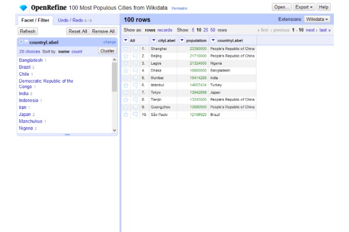 Vista de exploración en OpenRefine