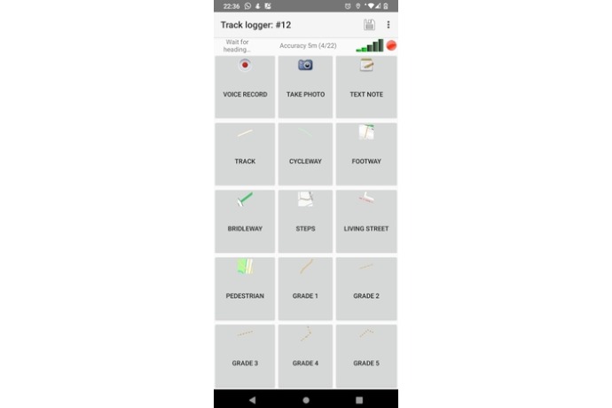 Pantalla de OSMTracker con botones para registrar audio, fotos y caminos