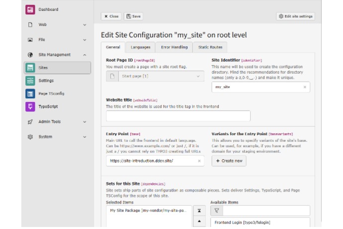 Editar configuración de sitio en TYPO3