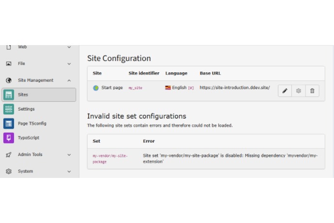 Configuración de sitios y errores de dependencias en TYPO3